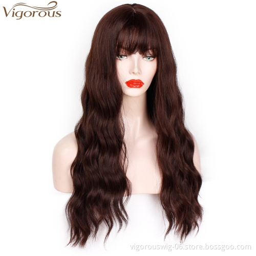 Vigorous Long Wavy Wig with Air Bangs Middle Part Synthetic Wigs Heat Resistant Fiber Hair Wig for Black Women Daily Party
